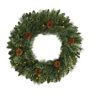 Nearly Natural 24” White Mountain Pine Artificial Christmas Wreath with 35 LED Lights and Pinecones - 1 of 4