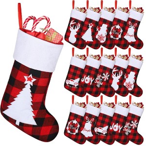 Aoibox 16 Pack 18 Inch Felt Christmas Stockings Red Black Buffalo Plaid Fireplace Hanging with Santa Snowman Reindeer Patterns - 1 of 4
