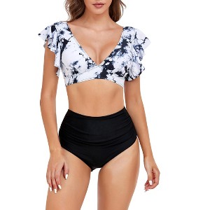 Women's V Neck Bikini Set Two Piece Ruffled Top Bathing Suits High Waisted Bikini Bottom U Back Swimwear - 1 of 4