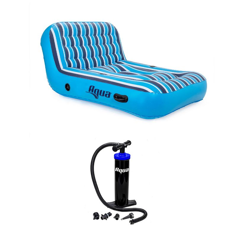 Aqua Inflatable 2 Person Pool Float Recliner Lounger Raft with Heavy Duty Dual Action Hand Pump with 4 Nozzle Adapters Attachments, Blue, 1 of 7