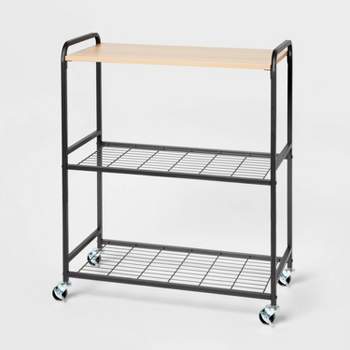 Storage Cart Black Metal with Natural Wood - Brightroom™: Rolling Utility Organizer, Mesh Shelves, Caster Wheels