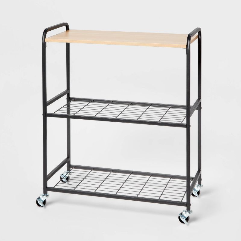 Storage Cart Black Metal with Natural Wood - Brightroom&#8482;: Rolling Utility Organizer, Mesh Shelves, Caster Wheels, 1 of 7