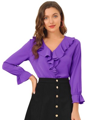INSPIRE CHIC Women's Office Work Ruffle V Neck Long Sleeve Chiffon Peasant Blouse