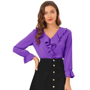 INSPIRE CHIC Women's Office Work Ruffle V Neck Long Sleeve Chiffon Peasant Blouse - 1 of 4