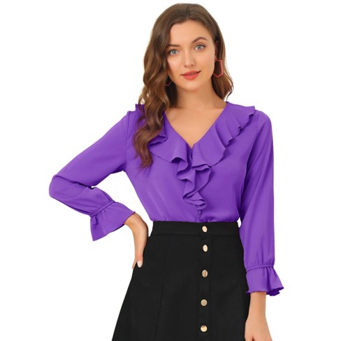 Allegra K Women's Office Work Ruffle V Long Sleeve Neck Chiffon Peasant  Blouse Dark Purple X-large : Target