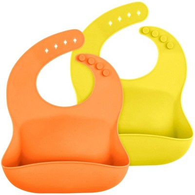 Image of WeeSprout Waterproof Silicone Baby Bibs, Pocket to Catch Food - Set of 2 (Orange, Yellow)