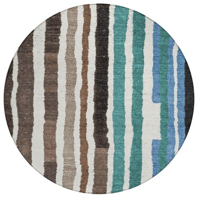 HomeRoots 8' Brown Teal Blue And Ivory Round Striped Washable Indoor Outdoor Area Rug