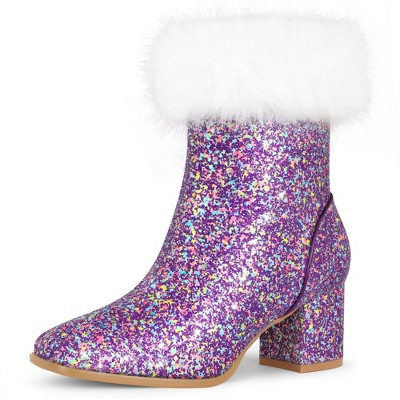 BLISSFUL STEP Women's Faux Fur Glitter Square Toe Chunky Heel Ankle Boots
