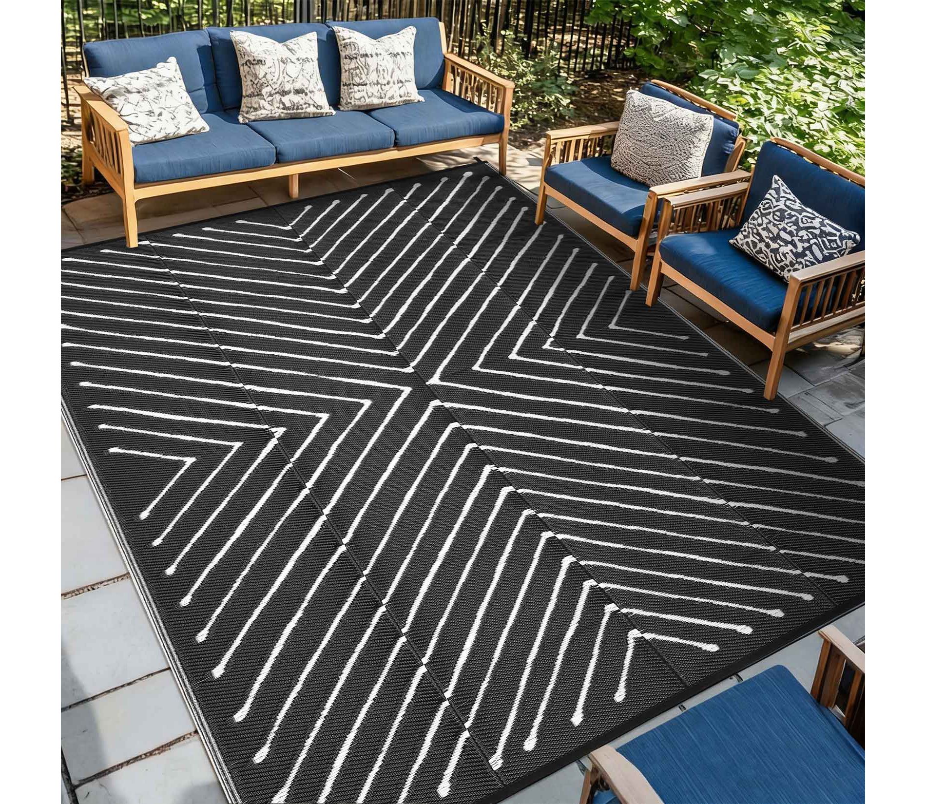 Outdoor Patio Rug, Modern Stripes Rug, Waterproof Reversible Plastic Straw Camping Rug Reversible Portable Rug for Beach Balcony Picnic
