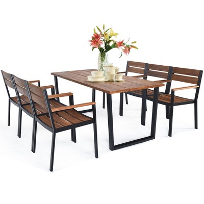 Costway 6-Person Acacia Wood Patio Dining Set with Umbrella Hole