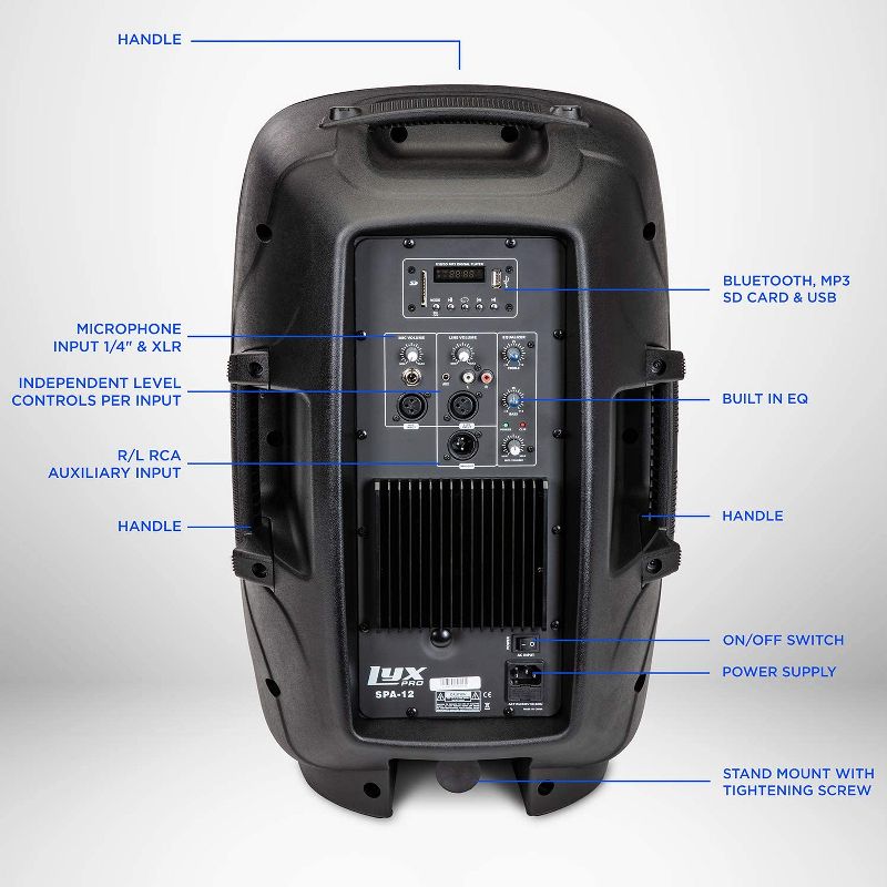 LyxPro 12” 130-Watt Powered Active PA Speaker W/Bluetooth, XLR Input, 2 of 8