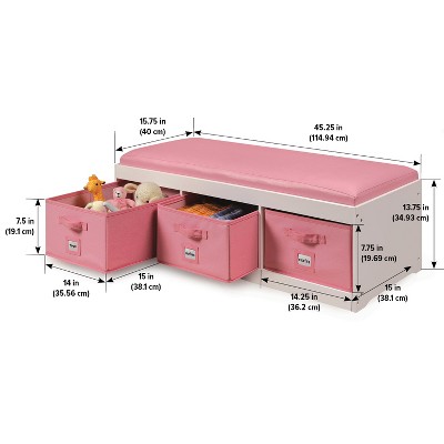 White and Pink MDF Kids Storage Bench with Cushion and Bins