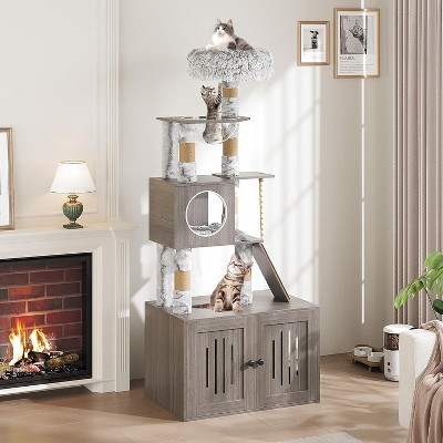 Cat Tree Tower with Litter Box Enclosure 66.9in Condo with Perch & Scratching Posts - Plush Nest, Multi-Tier Play & Rest