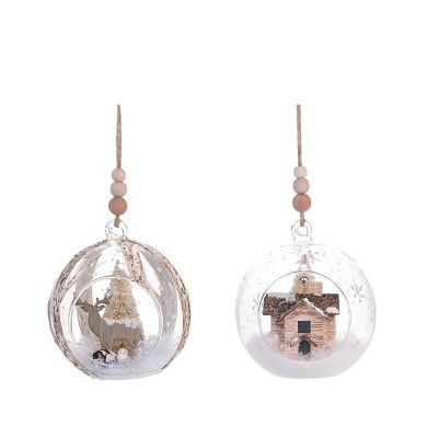 Transpac Glass Rustic Diorama Ornament Set of 2 Christmas Home Decorations