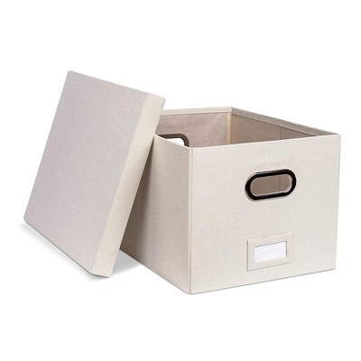 Cream Linen Collapsible File Storage Organizer with Lid