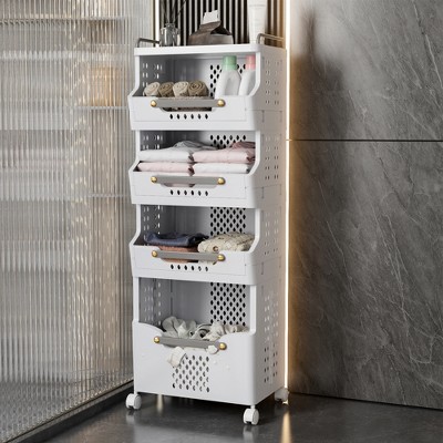 4-Tier Rolling Storage Cart with Wheels, Large Capacity Mobile Utility Cart ,Kitchen Cart with with Push Handle and Baskets, Bathroom, Laundry Room