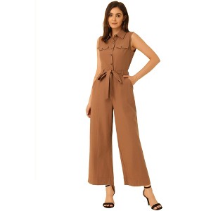Allegra K Women's Button Down Collared Wide Leg Tie-Waist Sleeveless Cargo Jumpsuits - 1 of 4