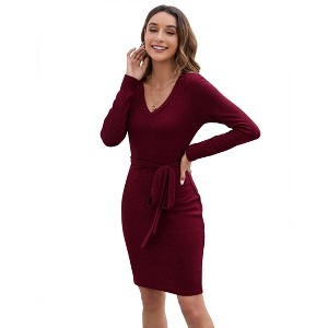 Women's Sweater Dress 2025 Fall Winter V Neck Long Sleeve Ribbed Knit Tie Waist Bodycon Slim Fit Mini Dresses - 1 of 4