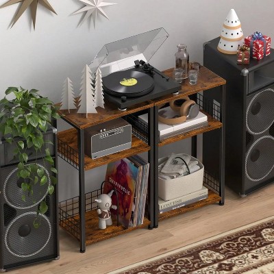 HDZNVF Brown Side Table With Charging Station, Record Player Stand With Vinyl Storage