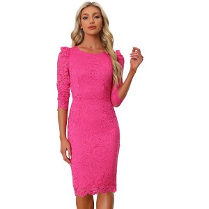 Allegra K Women's Crewneck 3/4 Sleeve Floral Lace Hidden Zipper Bodycon Dress - 1 of 4