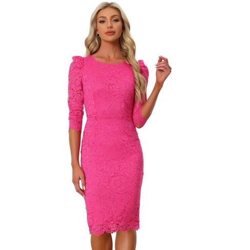 Allegra K Women's Cocktail Elegant Lace Crew Neck 3/4 Sleeve Bodycon ...