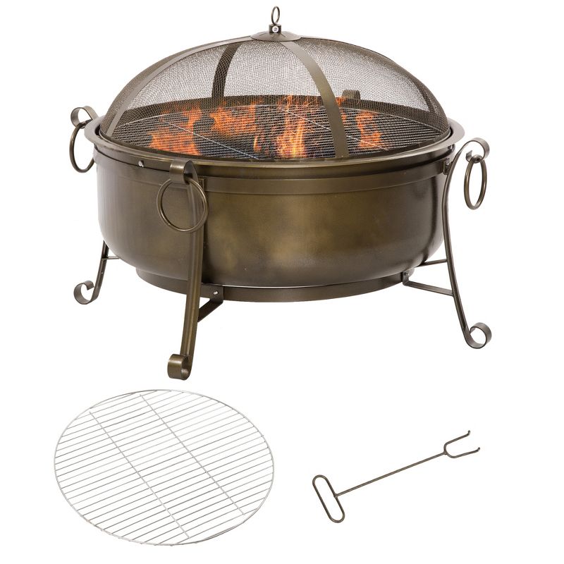 Outsunny 37" Outdoor Fire Pit Grill, Portable Steel Wood Burning Bowl, Cooking Grate, Poker, Spark Screen Lid for Patio, Backyard, BBQ, Bronze Colored, 1 of 7