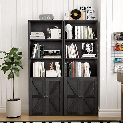 5-Tier Wooden Bookshelf with Cabinet Doors, Freestanding Bookcase and Storage Organizer for Home Office or Living Room ¨C Black