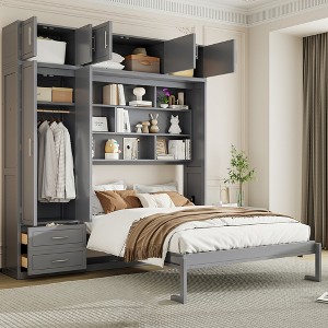 KIGFTSOD Queen Size Wall Murphy Bed with Top Cabinet,Shelves and Wardrobe, Space Saving Foldable Bed - 1 of 4