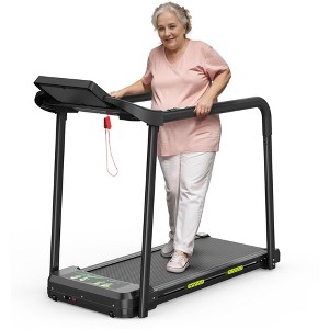 Electric Foldable Walking Pad Treadmill for Seniors with Long Safety Handrails, LED Display, Heart Rate Monitor, 300 lbs Weight Capacity - 1 of 4