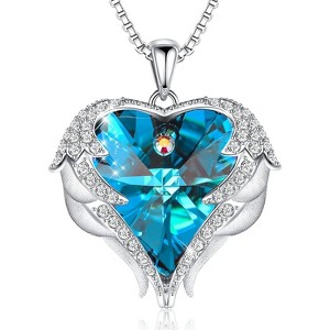 Angel Wings & Heart Necklace with Birthstone, Silver/Gold Tone Jewelry Gift for Women White-12b-Dec. Blue Zircon B - 1 of 4