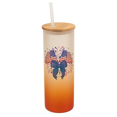 Elanze Designs 25 Ounce Frosted Glass Gradient Travel Tumbler With Straw and Wooden Lid, American Flag Orange