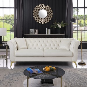 Standard Velvet Tufted Scroll-Arm Chesterfield Stanford Loveseat with Plush Multi-Density Foam Cushions, Premium Craftsmanship and Green Color - 1 of 4