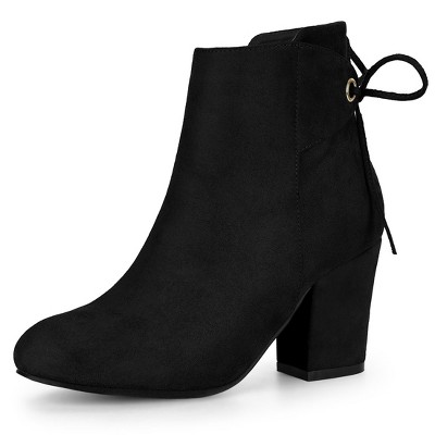 Allegra K Women's Round Toe Block Heel Side Zipper Lace Up Back Ankle Boots