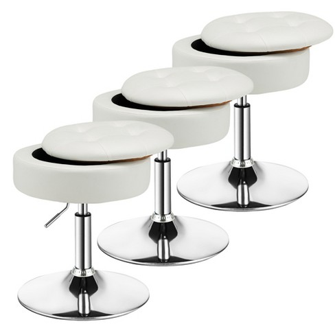 Costway Set of 3 Adjustable Vanity Stool 360 Swivel Storage Makeup Chair with Tray White