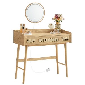 BOHOVEN Collection - Vanity Desk with Mirror and Lights, Makeup Vanity with 3 Rattan-Like Drawers, Touch Control Light, Oak Beige - 1 of 4