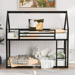 NicBex Twin Over Twin Bunk Bed with Built-in Ladder,House Shaped Loft Bed with Safety Guardrail for Bedroom,Black/White - 1 of 4