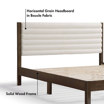 Adin Queen Dark Walnut Wood Frame Bed with White Boucle Upholstered Headboard