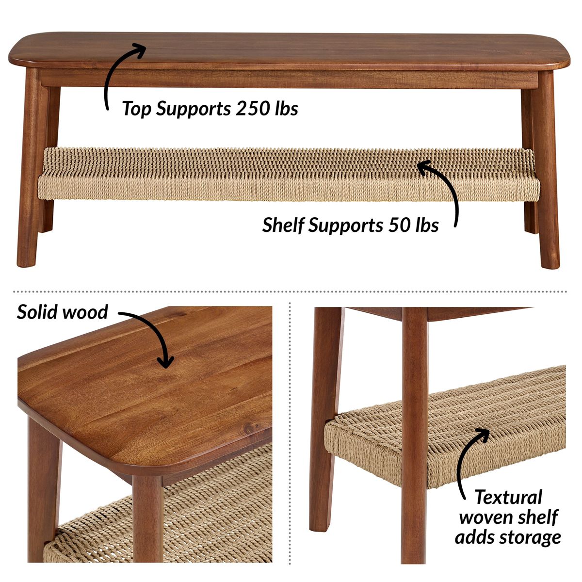 Alaterre Calais 48in Acacia Wood Bench, Chestnut - thumbnail 2