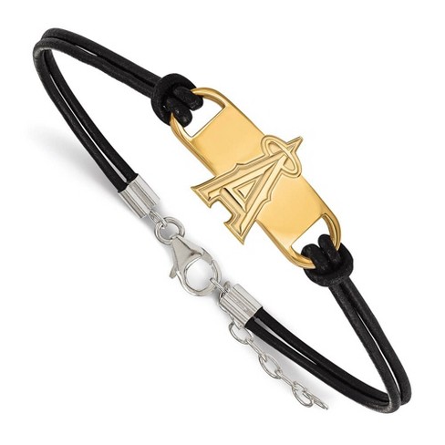 Black Bow Jewelry 14K Yellow Gold Plated S.S. MLB LA Angels Leather Bracelet, 7 In - image 1 of 3