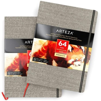 Arteza Hardcover Watercolor Paper Pad, Heavyweight Cold-Pressed Paper, 8.3"x11.7", 64 Pages - 2 Pack (ARTZ-8411)