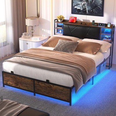 Aheaplus Bed Frame with Upholstered Storage Headboard and Charging Station