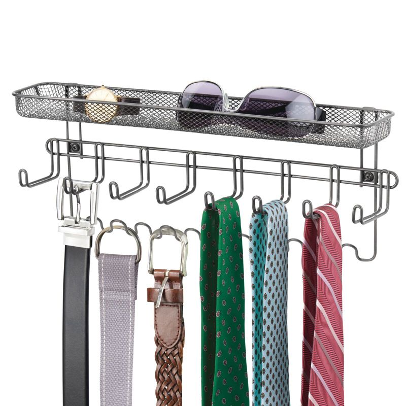 mDesign Steel Wall Mount Tie/Belt Organizer Rack with 8 Hooks/Basket, 1 of 9