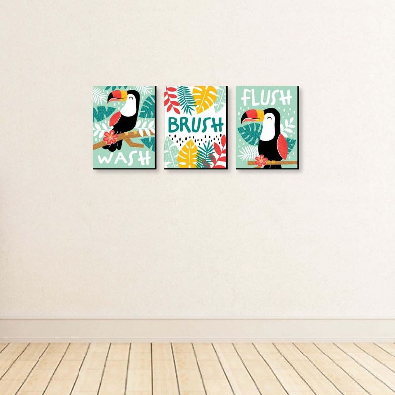 Big Dot of Happiness Calling All Toucans - Tropical Bird Kids Bathroom Rules Wall Art - 7.5 x 10 inches - Set of 3 Signs - Wash, Brush, Flush, 3 of 7