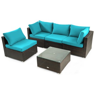 Tangkula 5PCS Rattan Patio Furniture Set Cushioned Sofa Chair Coffee Table Set Easy Assemble Red/Turquoise/White/Navy/Black