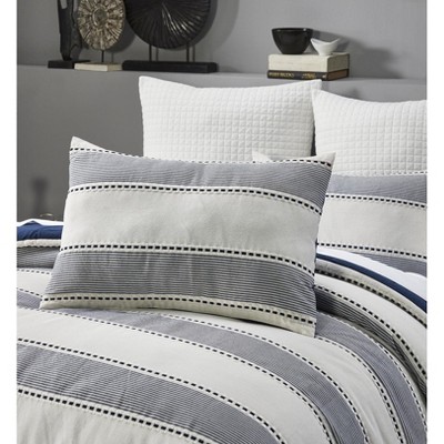 Ivory and Navy Striped Microfiber Queen Comforter Set