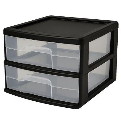 Homz 2 Pack Storage Cart, Medium 2 Drawer Plastic Rolling Container for Home and Office Organization, Black Frame with Clear Drawers
