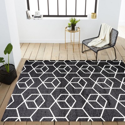 Mid-Century Geometric Black and White Synthetic Area Rug