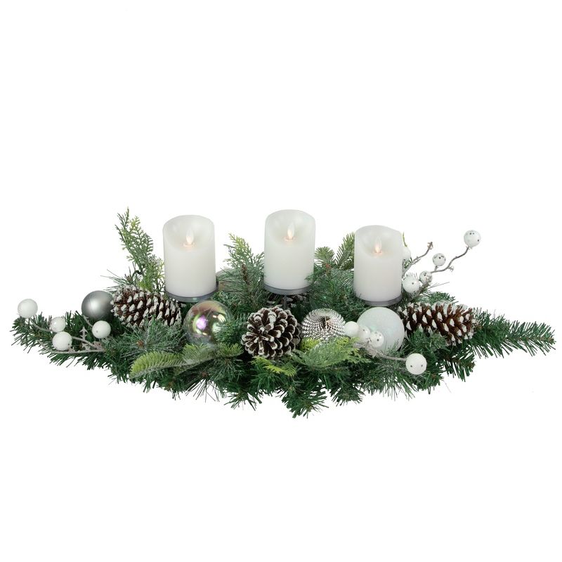 Northlight 32" Green Pine Triple Candle Holder with Berries and Iridescent Christmas Ornaments, 3 of 6