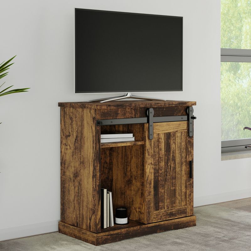 Lavish Home 34-inch Tall TV Stand with Media Console Shelves and Sliding Barn Style Door, Brown Woodgrain, 2 of 9