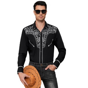 Clearlove Men's Western Cowboy Shirt Floral Embroidered Long Sleeve Casual Button Down Slim Fit Tops,white Black,XL - 1 of 4
